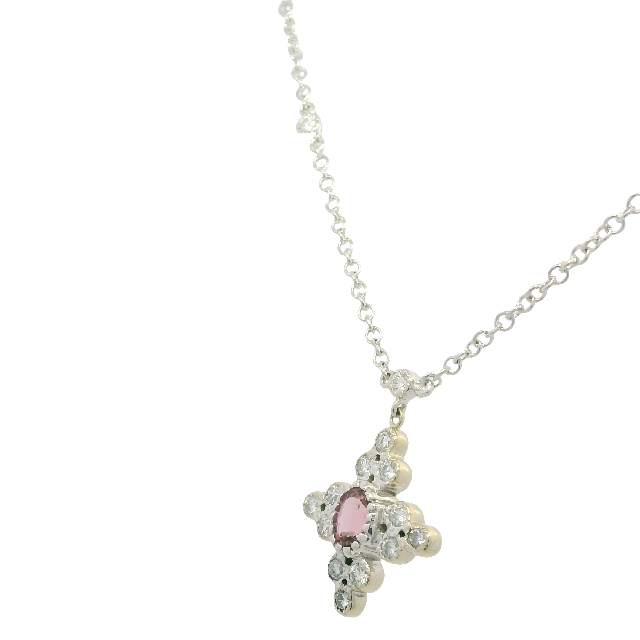 18k White Gold Natural Diamond and Oval Shape Tourmaline Necklace