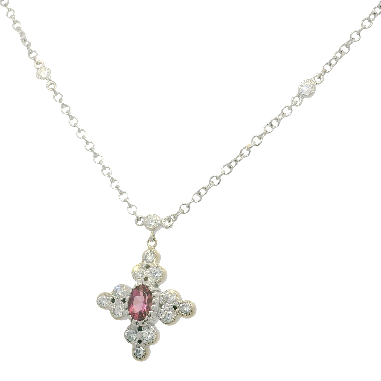 18k White Gold Natural Diamond and Oval Shape Tourmaline Necklace