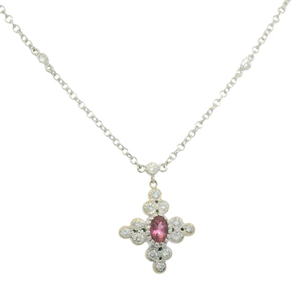 18k White Gold Natural Diamond and Oval Shape Tourmaline Necklace