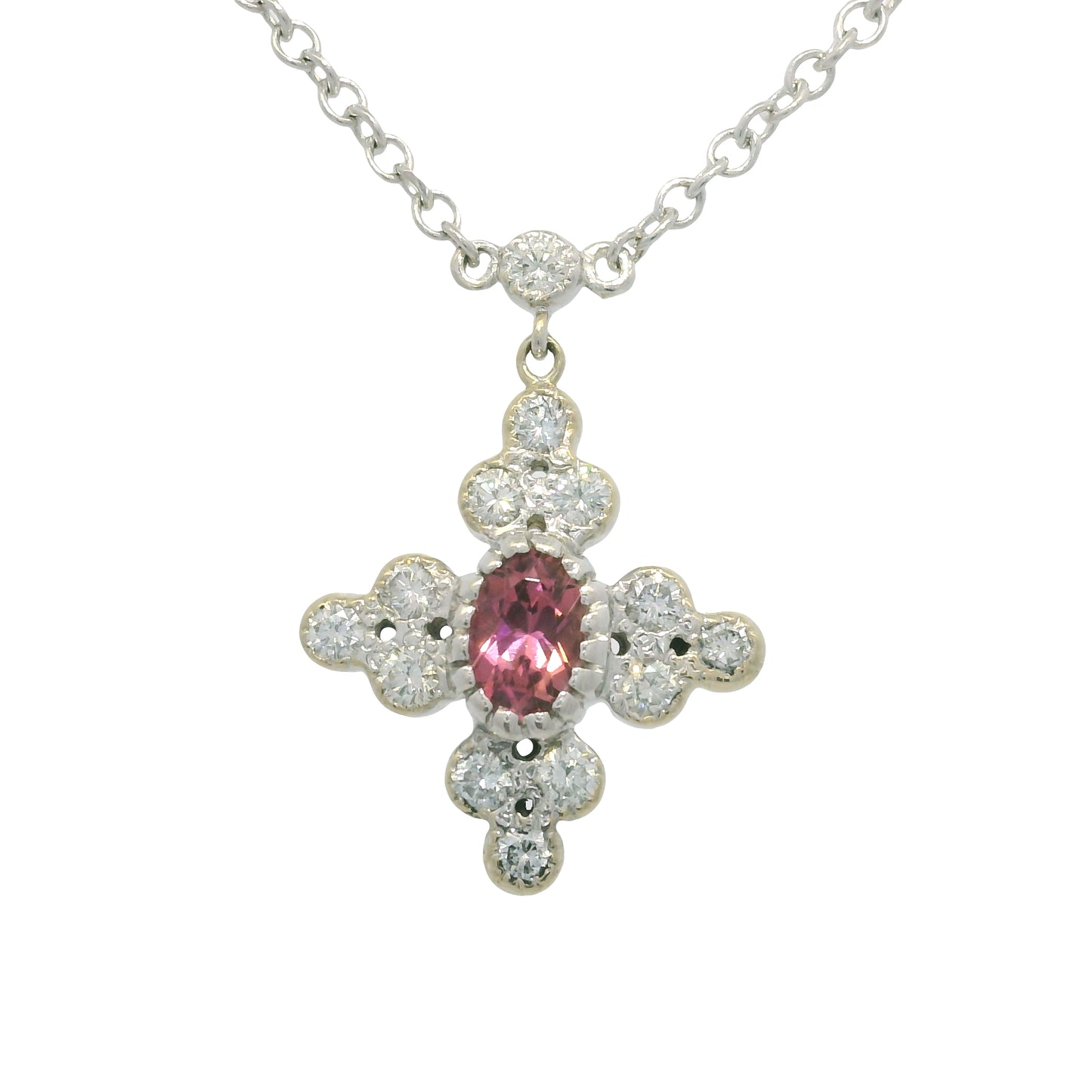 18k White Gold Natural Diamond and Oval Shape Tourmaline Necklace