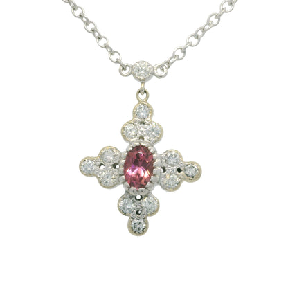 18k White Gold Natural Diamond and Oval Shape Tourmaline Necklace