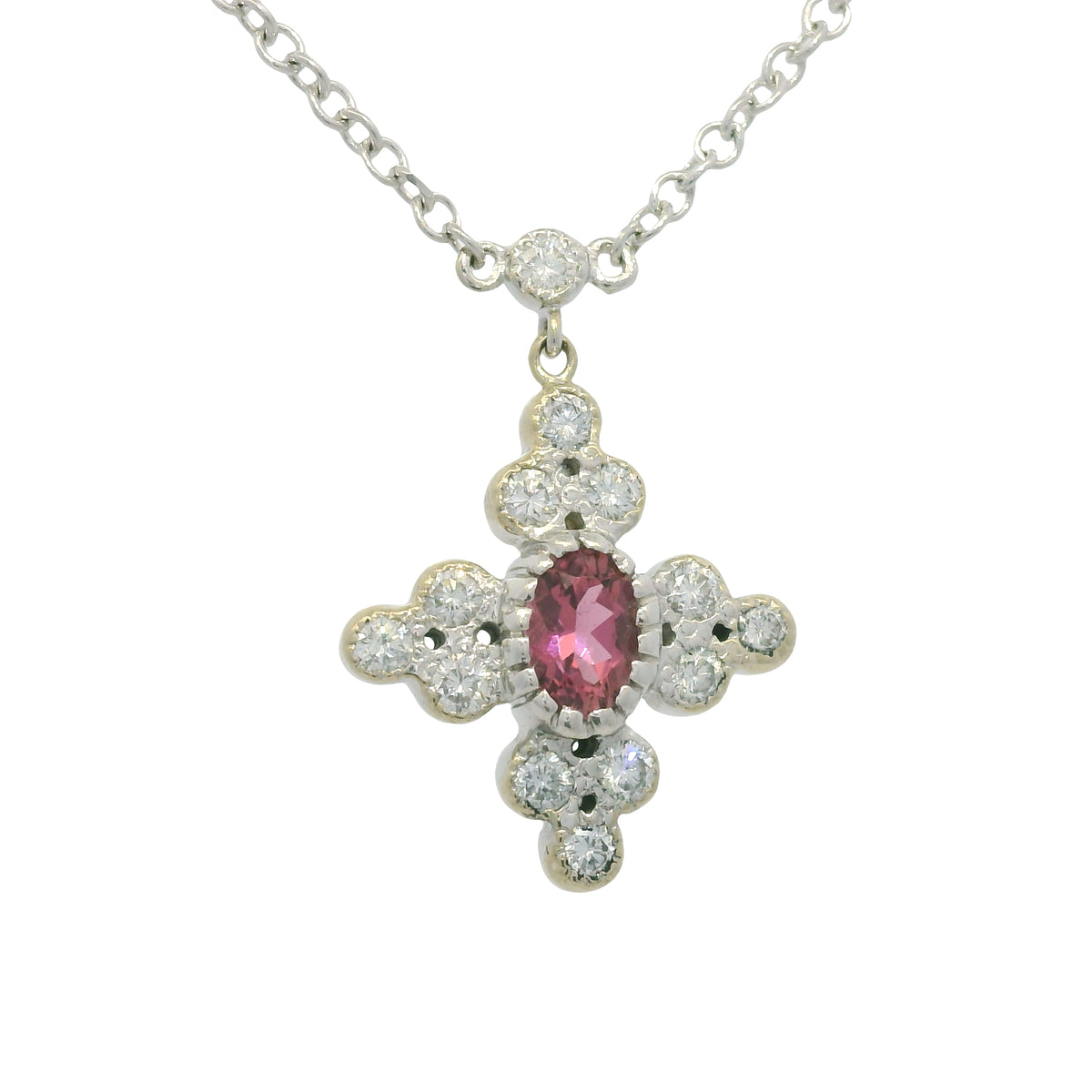 18k White Gold Natural Diamond and Oval Shape Tourmaline Necklace