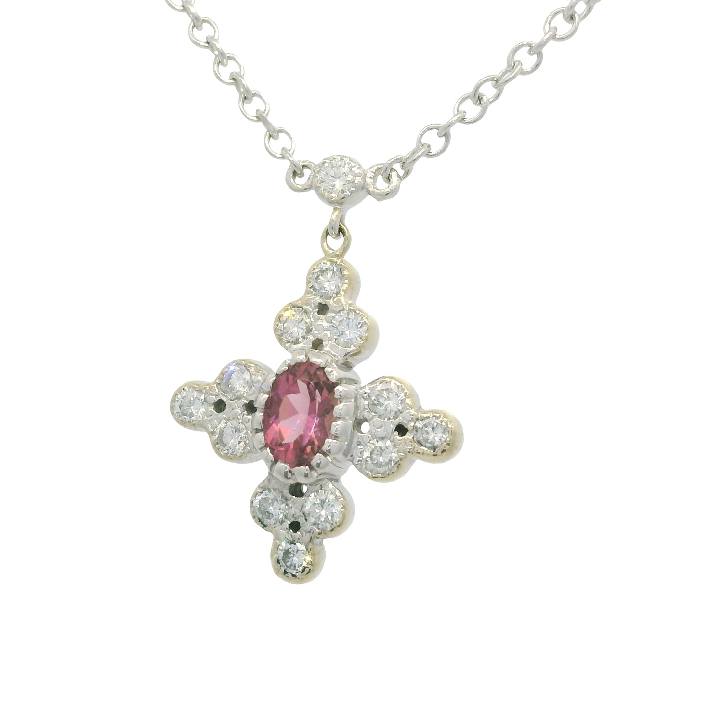 18k White Gold Natural Diamond and Oval Shape Tourmaline Necklace