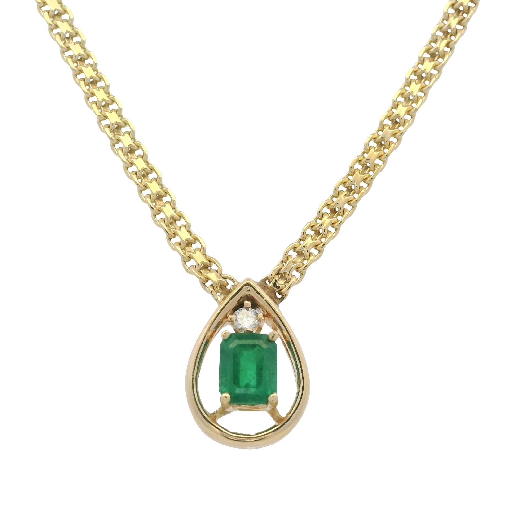 14K Yellow Gold Natural Emerald Tear-Drop Shape Pendant Link Necklace