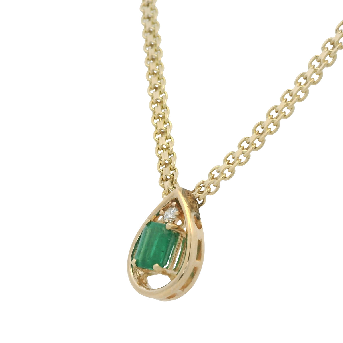 14K Yellow Gold Natural Emerald Tear-Drop Shape Pendant Link Necklace