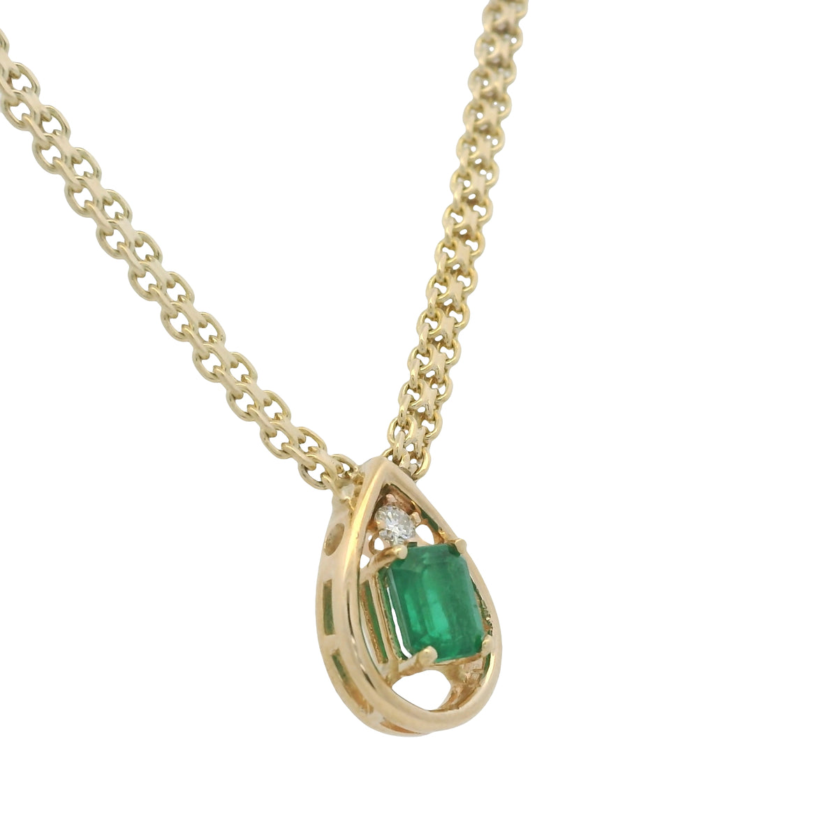 14K Yellow Gold Natural Emerald Tear-Drop Shape Pendant Link Necklace