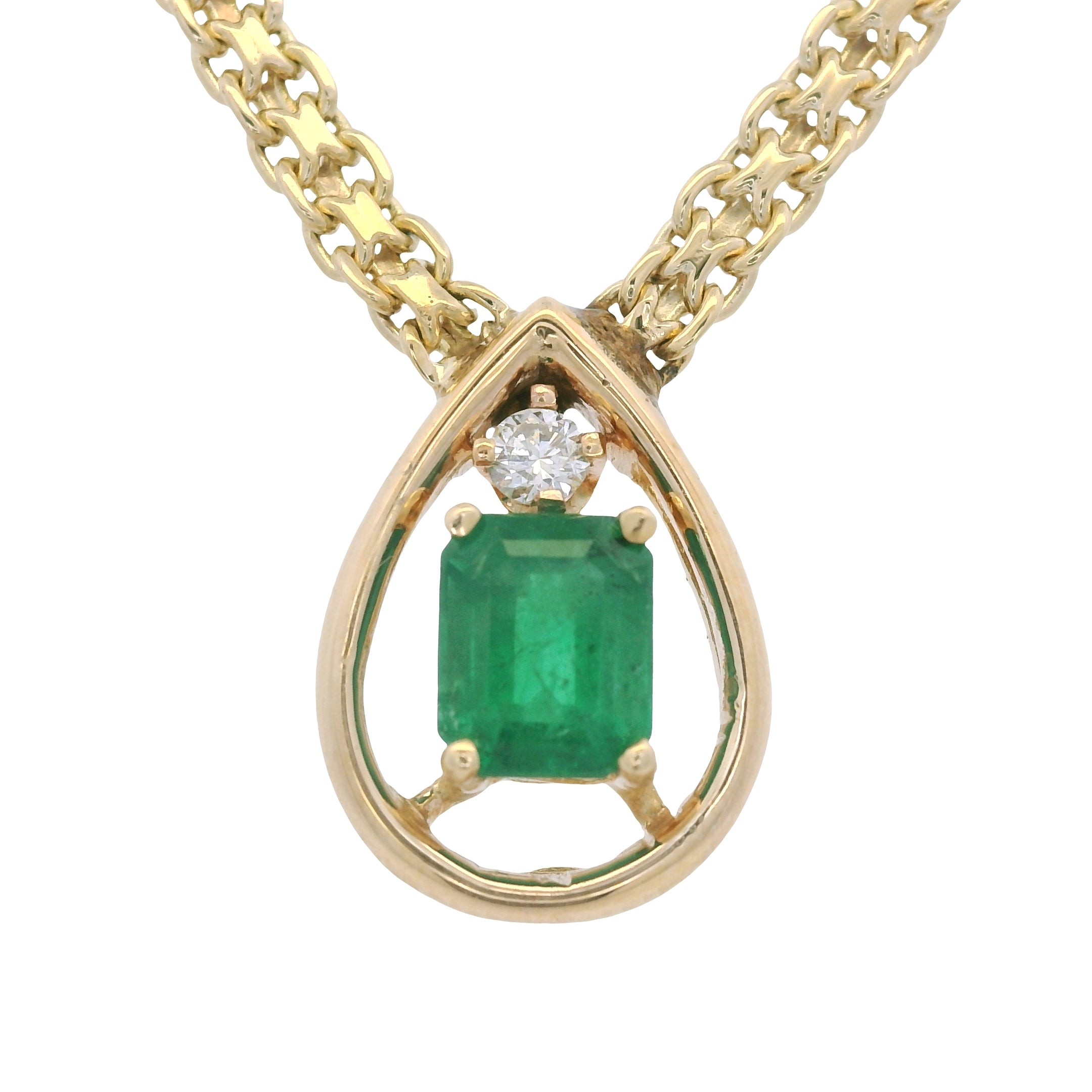 14K Yellow Gold Natural Emerald Tear-Drop Shape Pendant Link Necklace