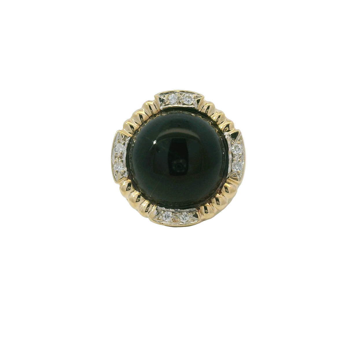 14K Yellow Gold Onyx & Natural Diamond Halo Textured Dome Ring