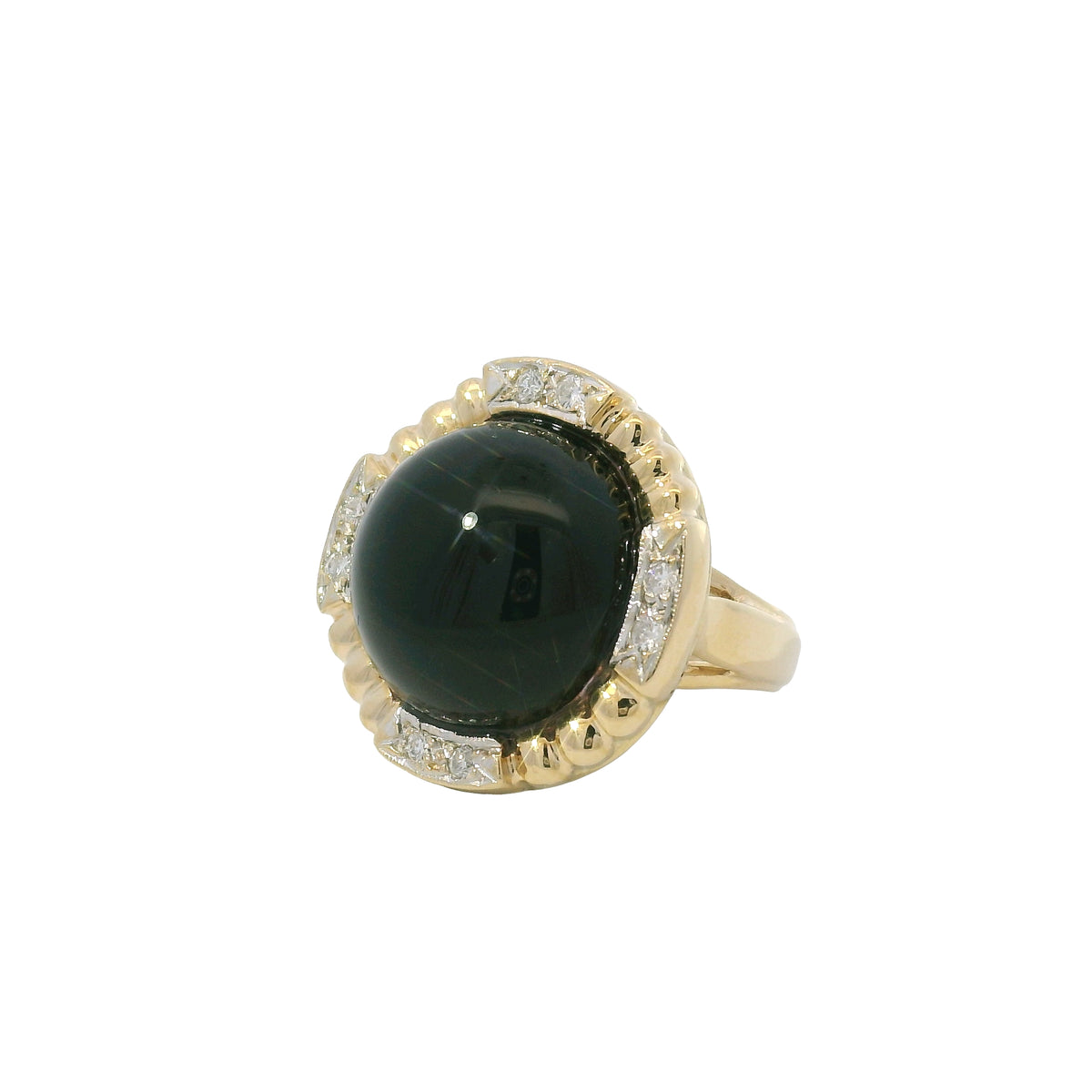 14K Yellow Gold Onyx & Natural Diamond Halo Textured Dome Ring