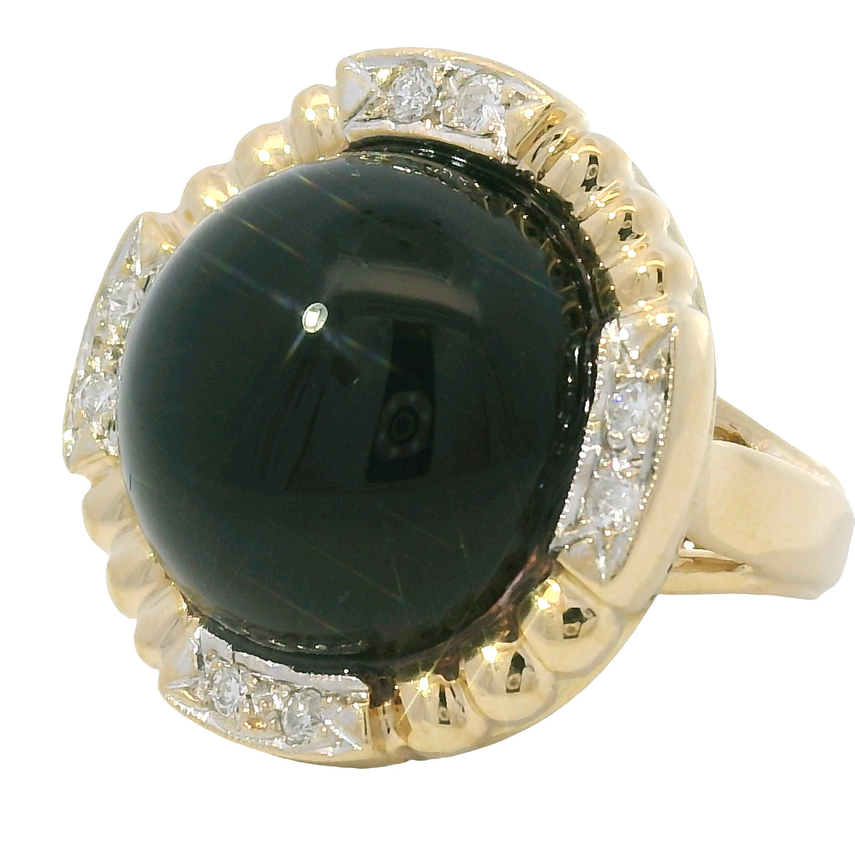 14K Yellow Gold Onyx & Natural Diamond Halo Textured Dome Ring