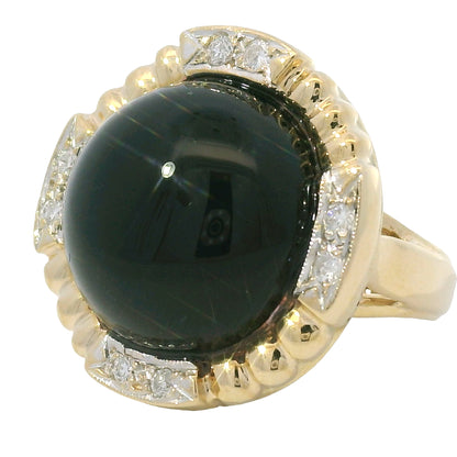 14K Yellow Gold Onyx & Natural Diamond Halo Textured Dome Ring