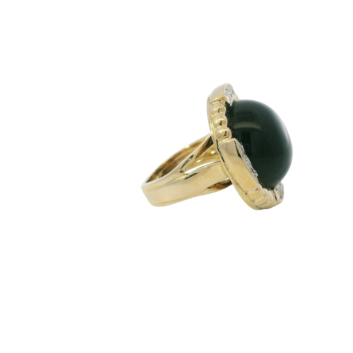 14K Yellow Gold Onyx & Natural Diamond Halo Textured Dome Ring