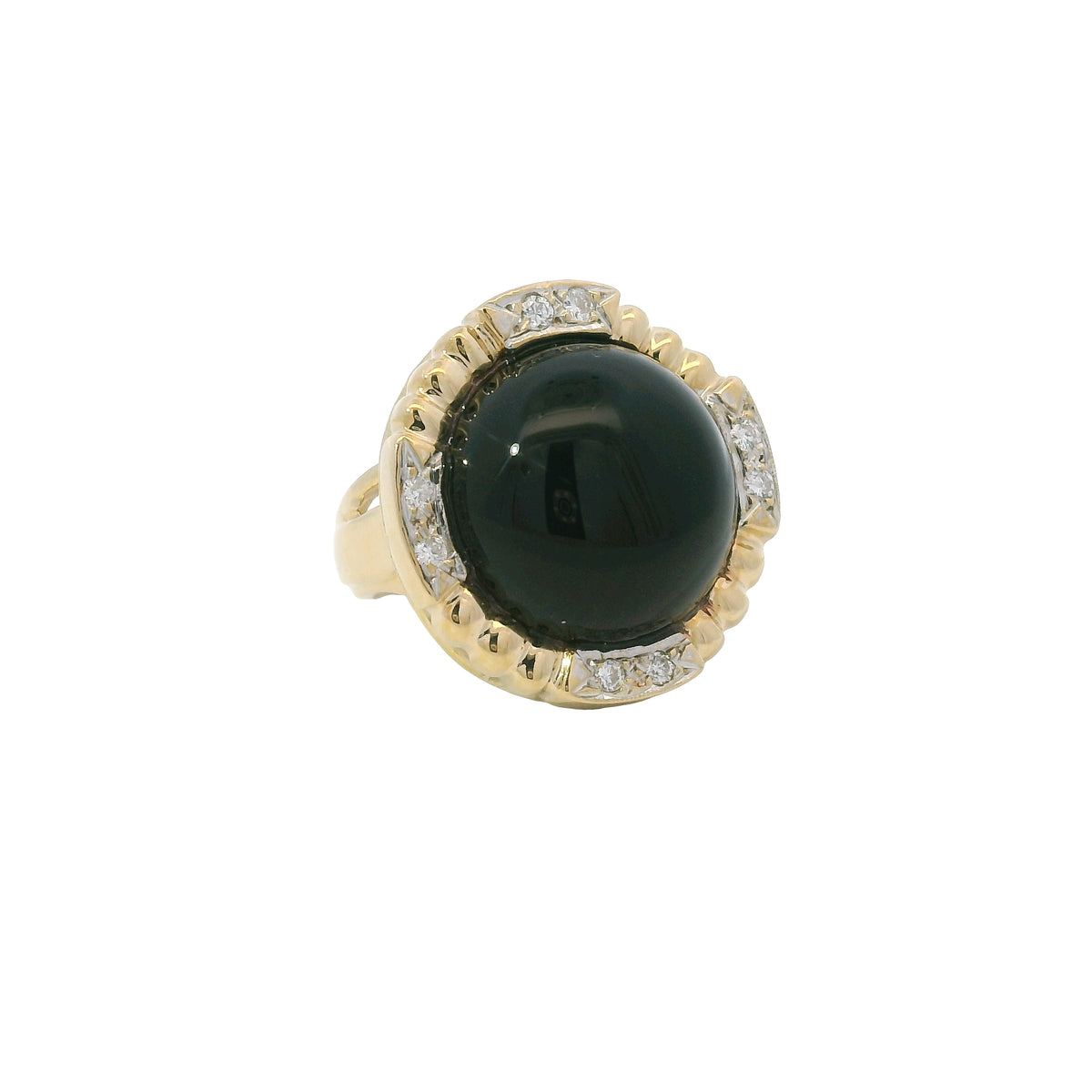 14K Yellow Gold Onyx & Natural Diamond Halo Textured Dome Ring