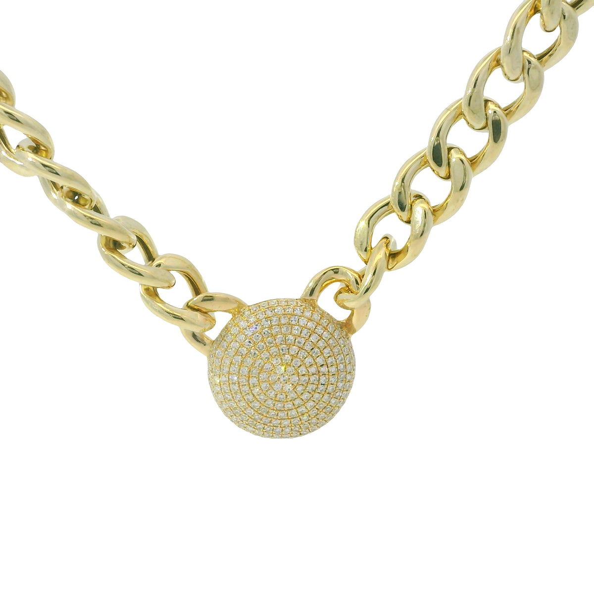 14k Yellow Gold Natural Diamond Pave Disc Pendant Link Necklace