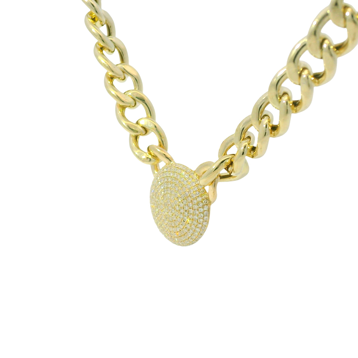 14k Yellow Gold Natural Diamond Pave Disc Pendant Link Necklace