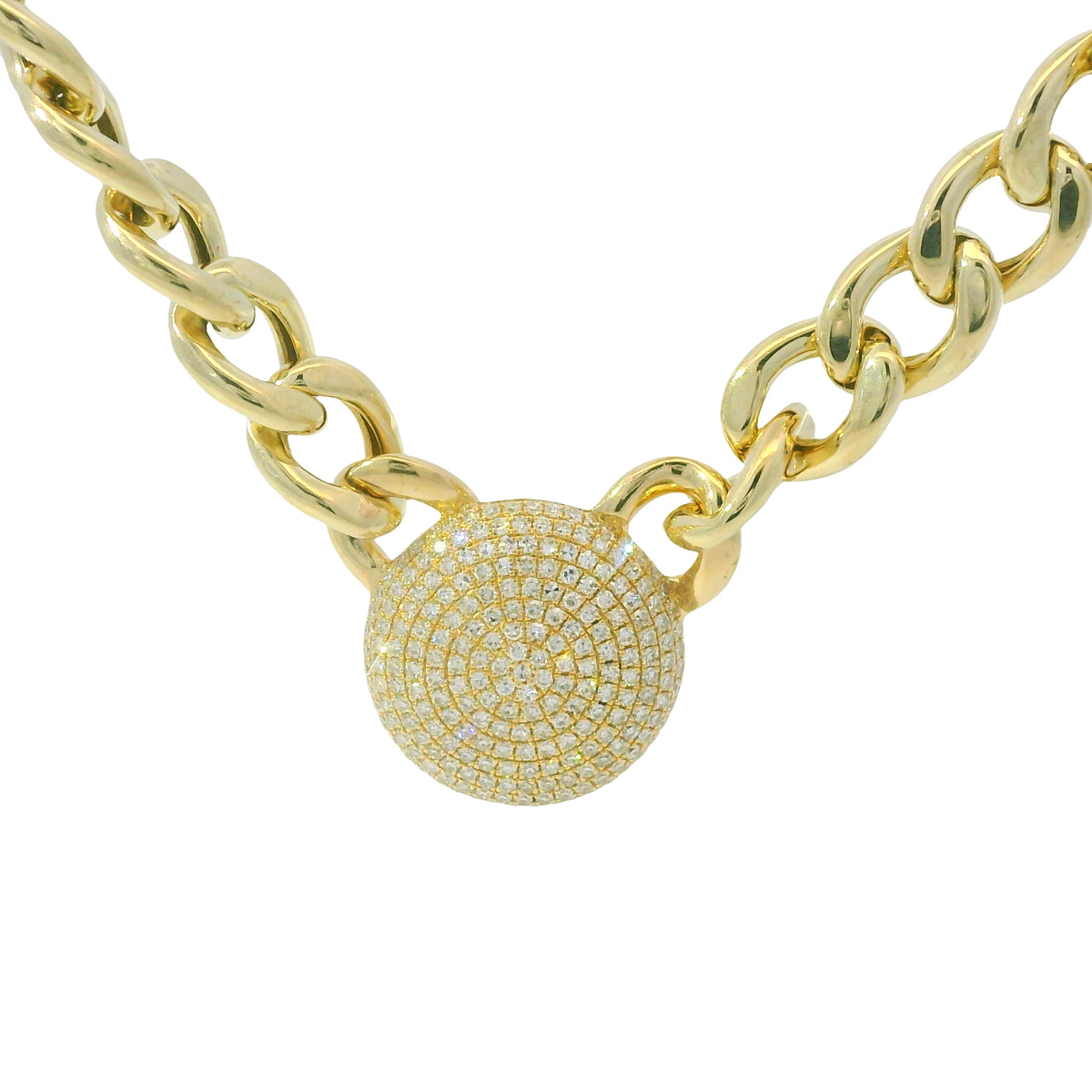 14k Yellow Gold Natural Diamond Pave Disc Pendant Link Necklace