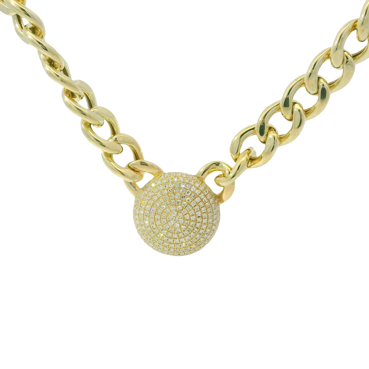14k Yellow Gold Natural Diamond Pave Disc Pendant Link Necklace