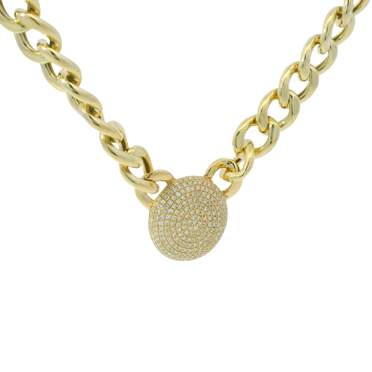 14k Yellow Gold Natural Diamond Pave Disc Pendant Link Necklace