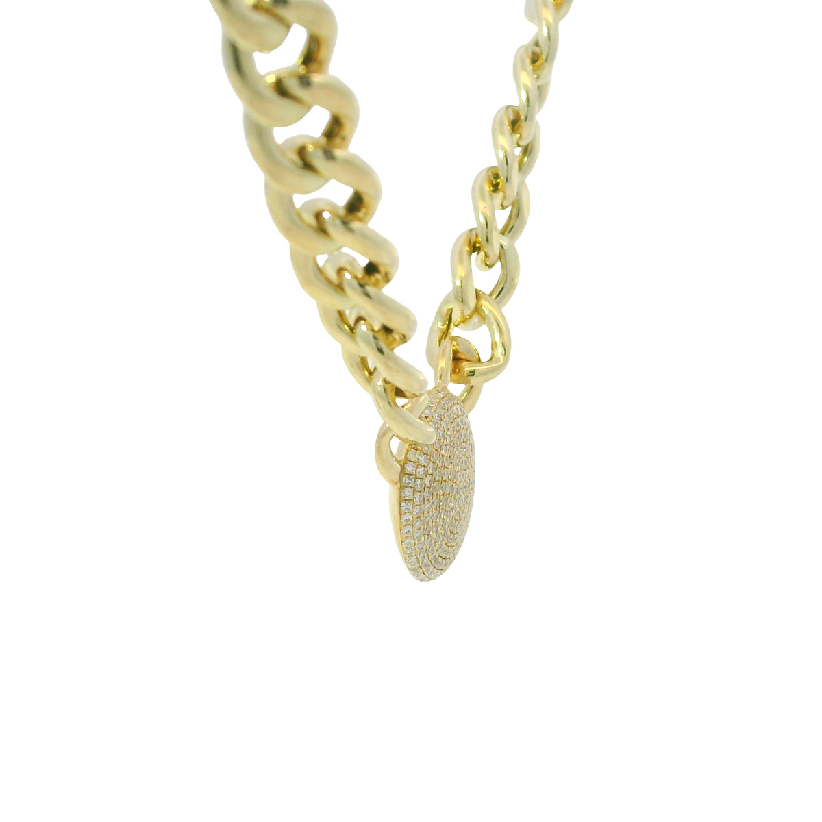 14k Yellow Gold Natural Diamond Pave Disc Pendant Link Necklace