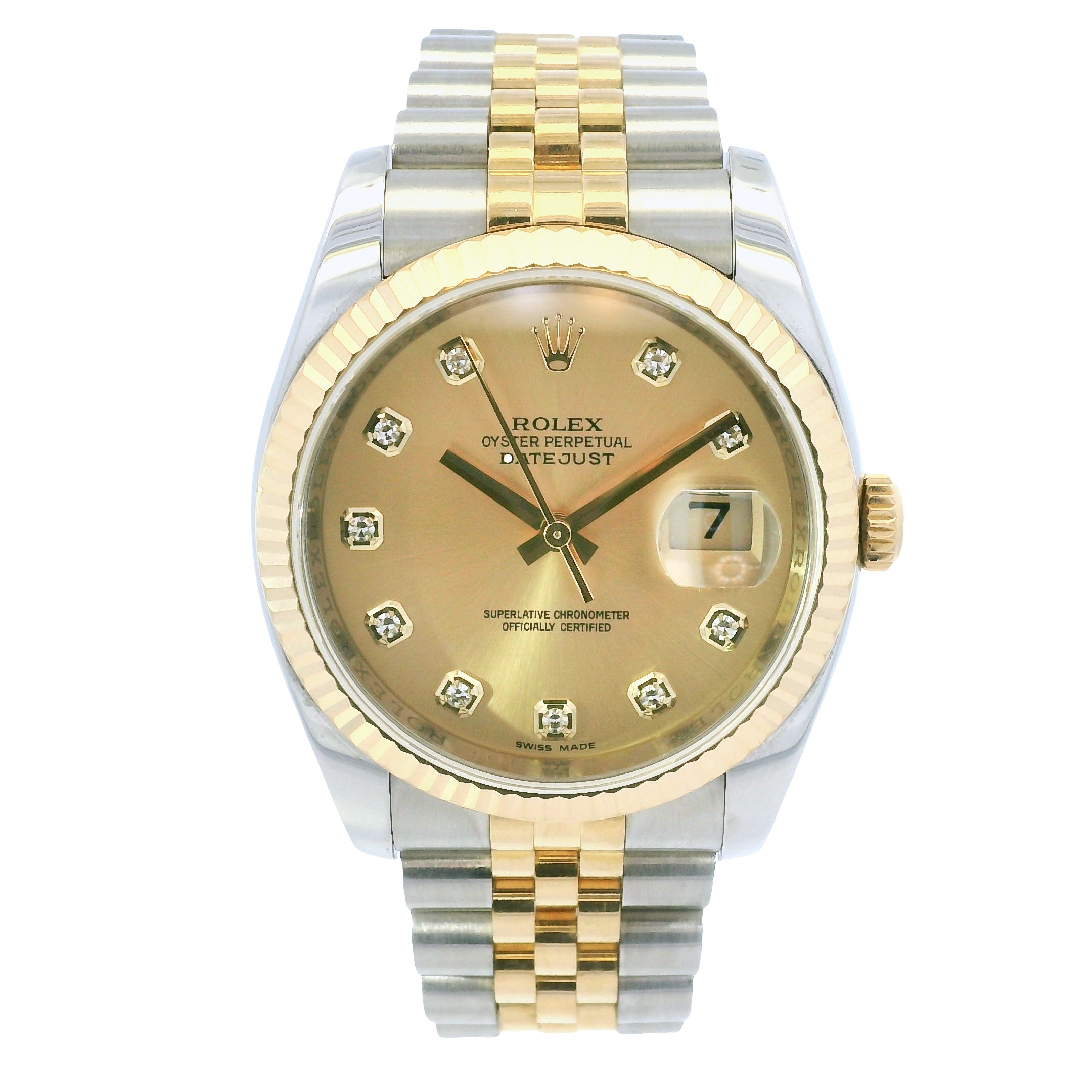 Rolex 116233 Datejust Two-Tone Champagne Diamond Dial Fluted Bezel 36mm Watch