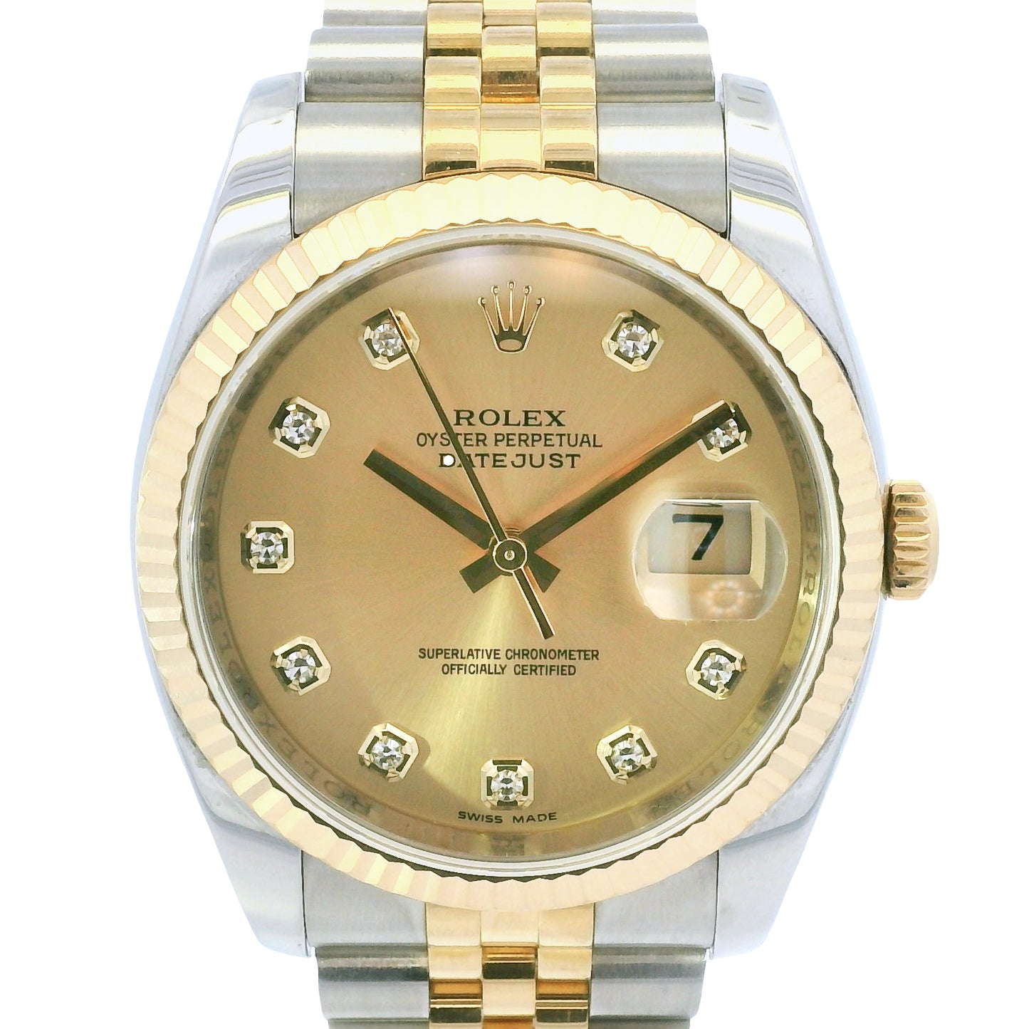 Rolex 116233 Datejust Two-Tone Champagne Diamond Dial Fluted Bezel 36mm Watch
