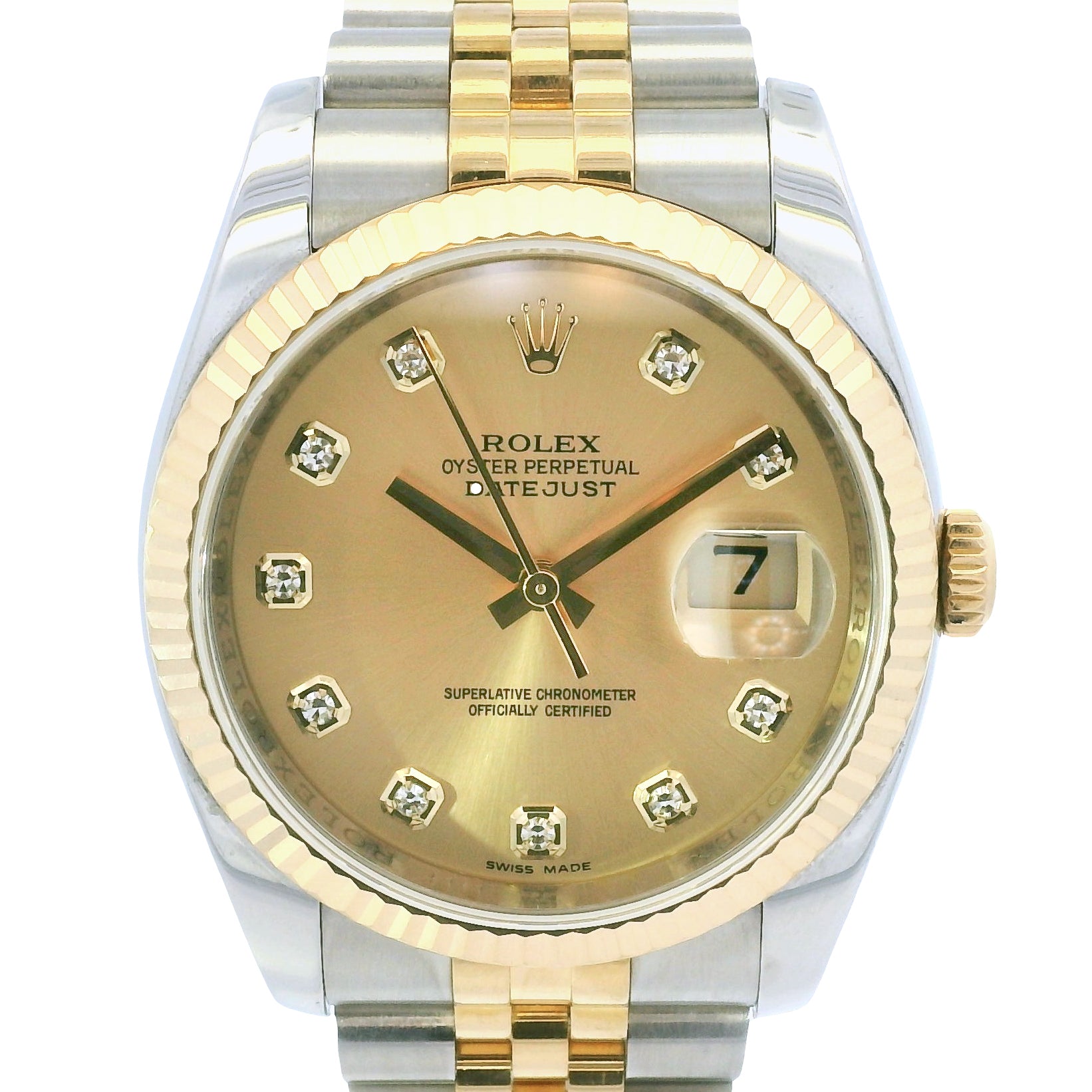Rolex 116233 Datejust Two-Tone Champagne Diamond Dial Fluted Bezel 36mm Watch