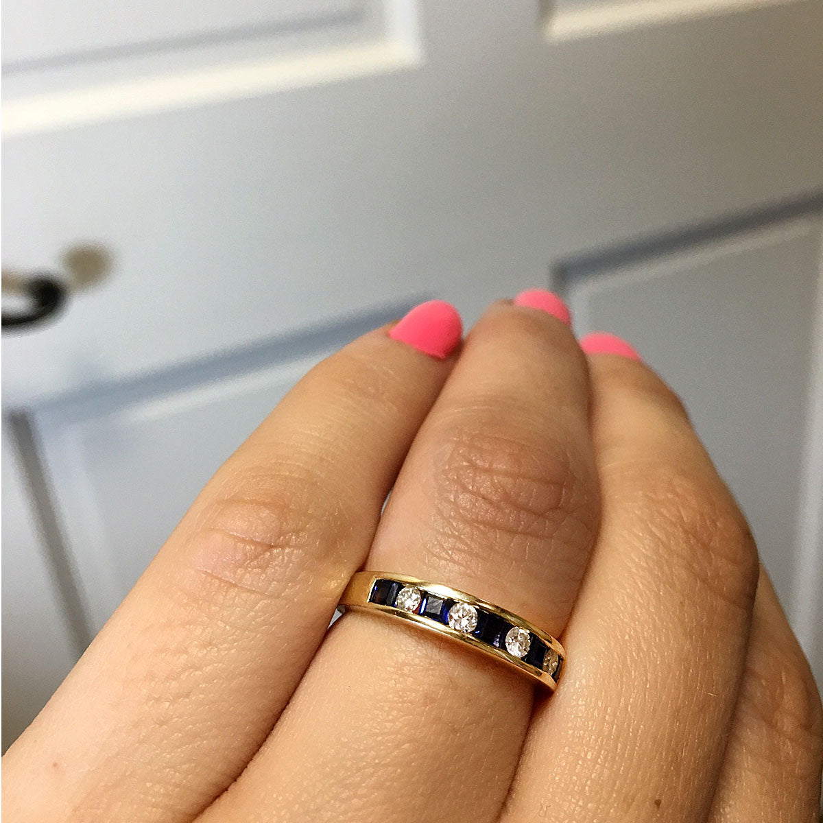 18k Yellow Gold Sapphire & 0.12ctw Diamond Wedding Band