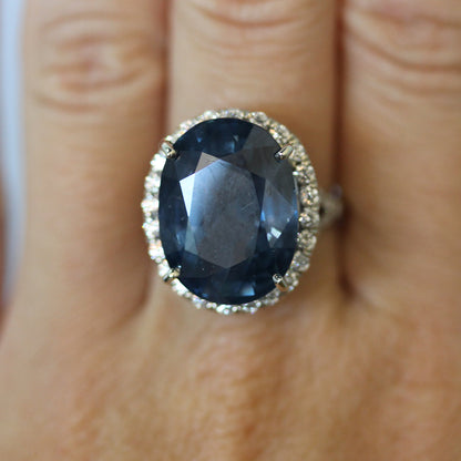 14k White Gold Open Wire, Basket Style Blue Sapphire Cocktail Ring