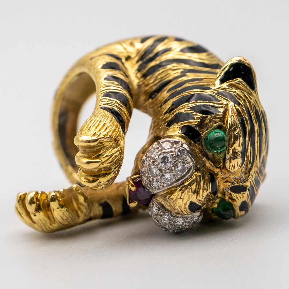 18K Yellow Gold Vintage Tiger, Emerald Eyes, Ruby Nose & Natural Diamond Ring