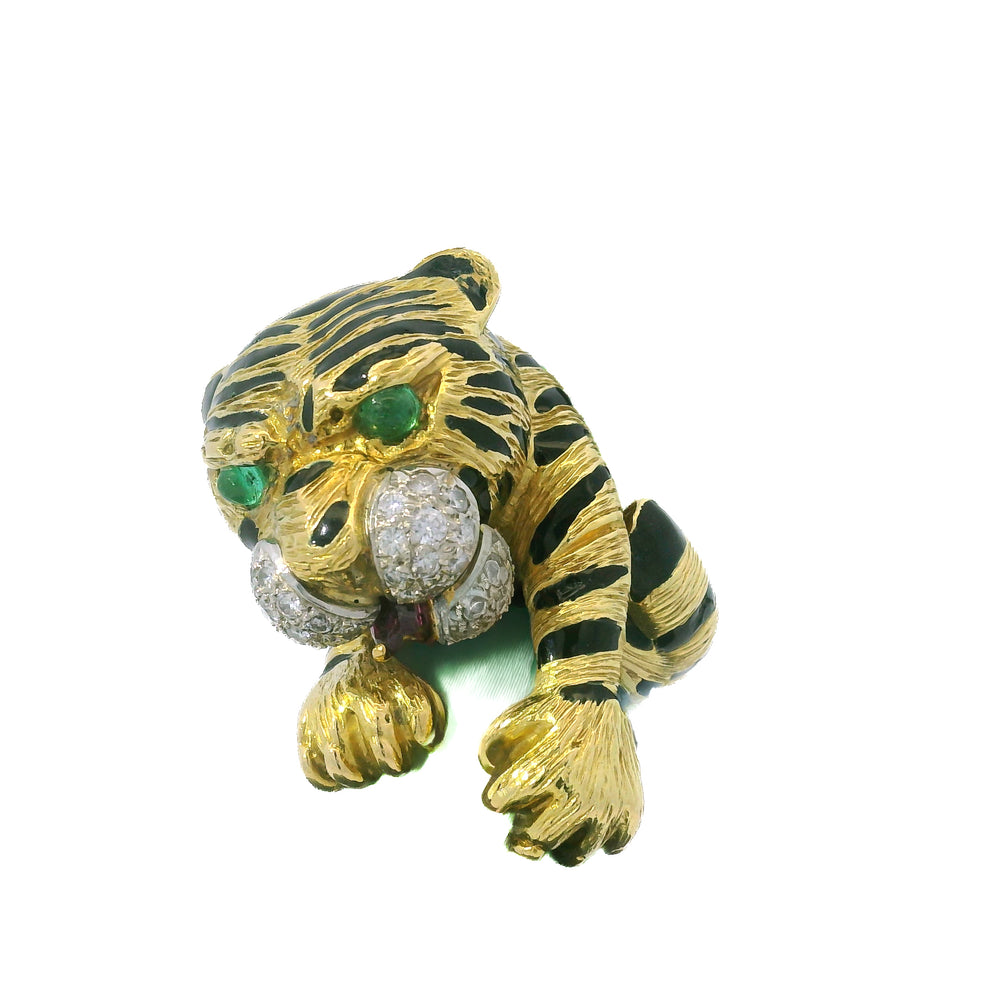 18K Yellow Gold Vintage Tiger, Emerald Eyes, Ruby Nose & Natural Diamond Ring