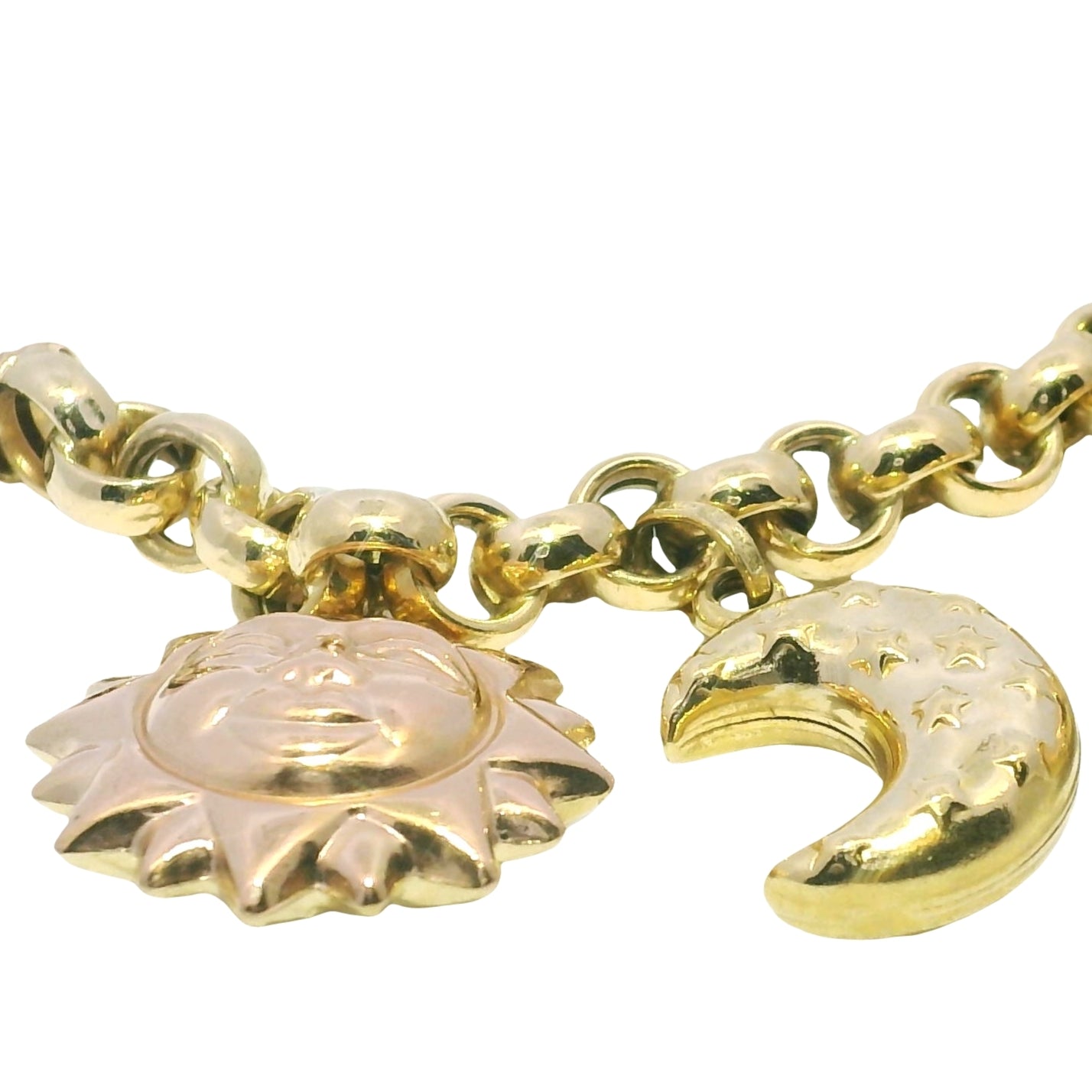 18k Two Tone Gold Sun, Moon, and Heart Dangle Charm Bracelet
