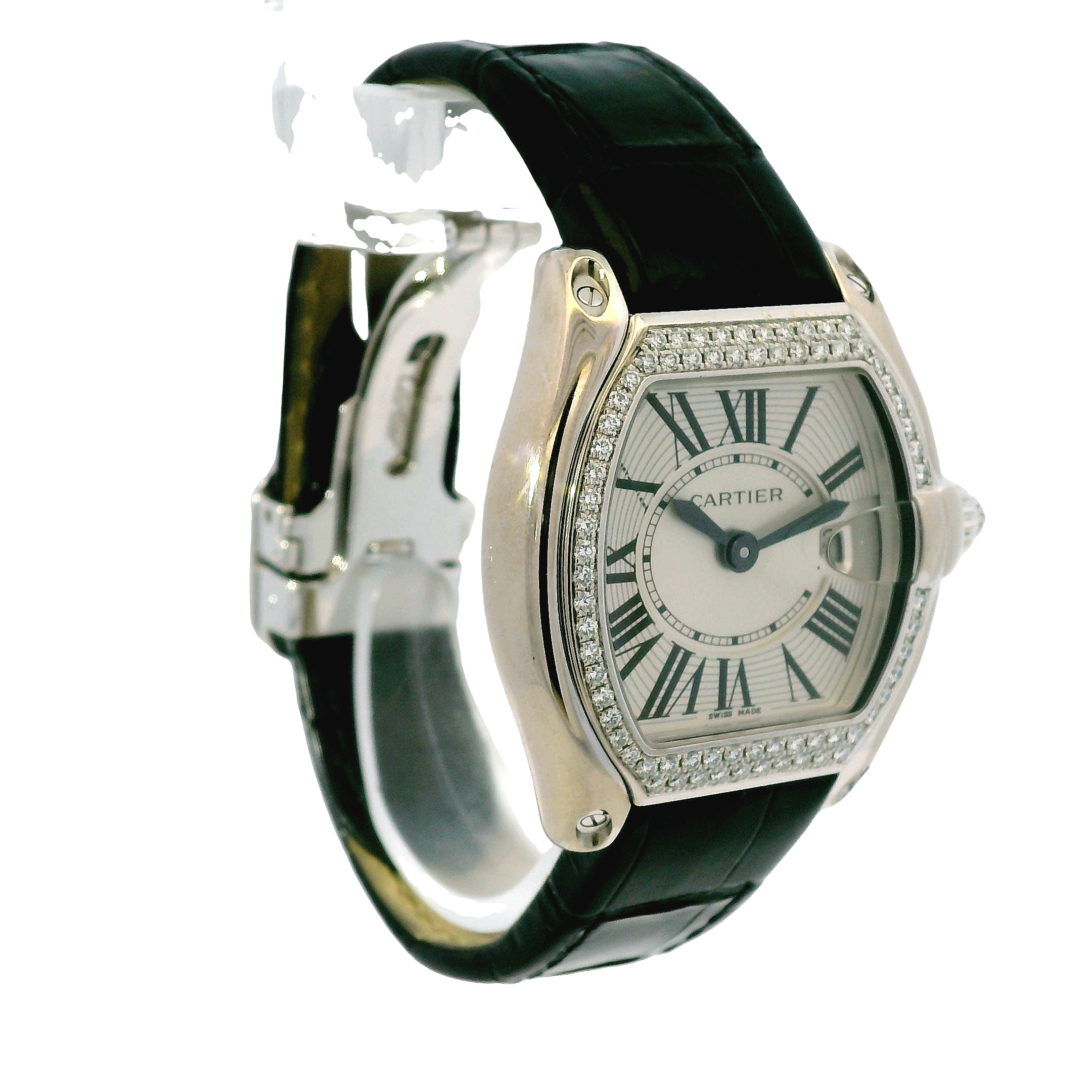 Cartier Roadster 18k White Gold Diamond Black Alligator Skin Watch