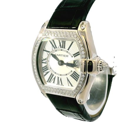 Cartier Roadster 18k White Gold Diamond Black Alligator Skin Watch