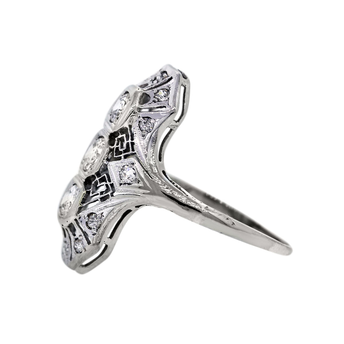 18k White Gold Vintage Style Three Stone Diamond Ring