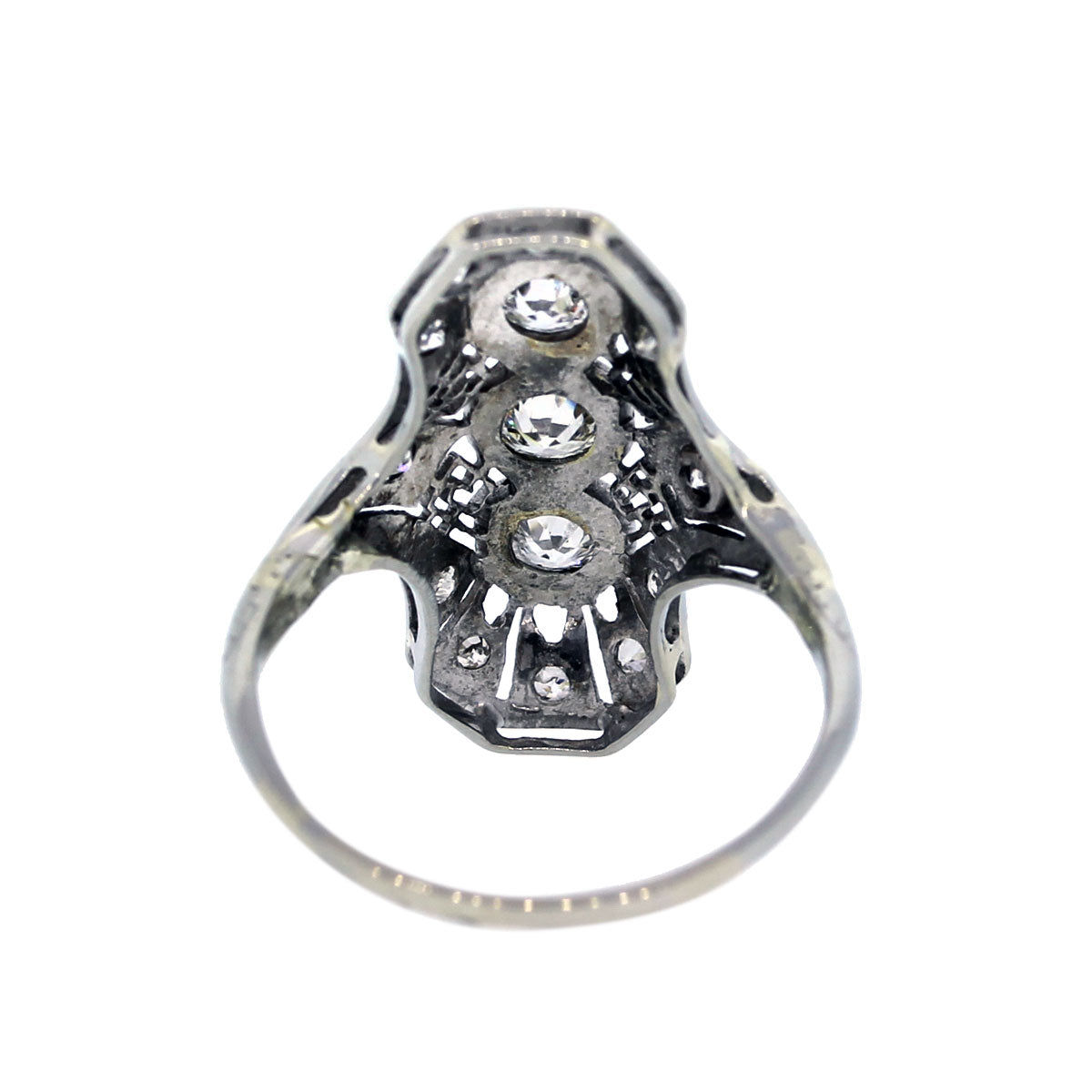 18k White Gold Vintage Style Three Stone Diamond Ring