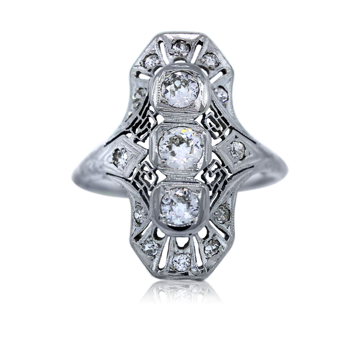 18k White Gold Vintage Style Three Stone Diamond Ring
