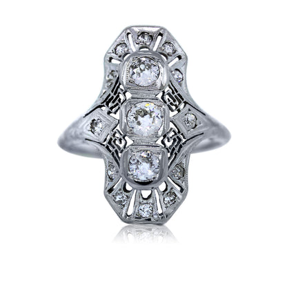 18k White Gold Vintage Style Three Stone Diamond Ring
