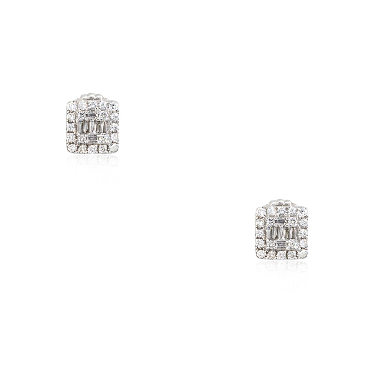 14k White Gold 0.74ctw Round Brilliant & Baguette Cut Diamond Mosaic Square Earrings