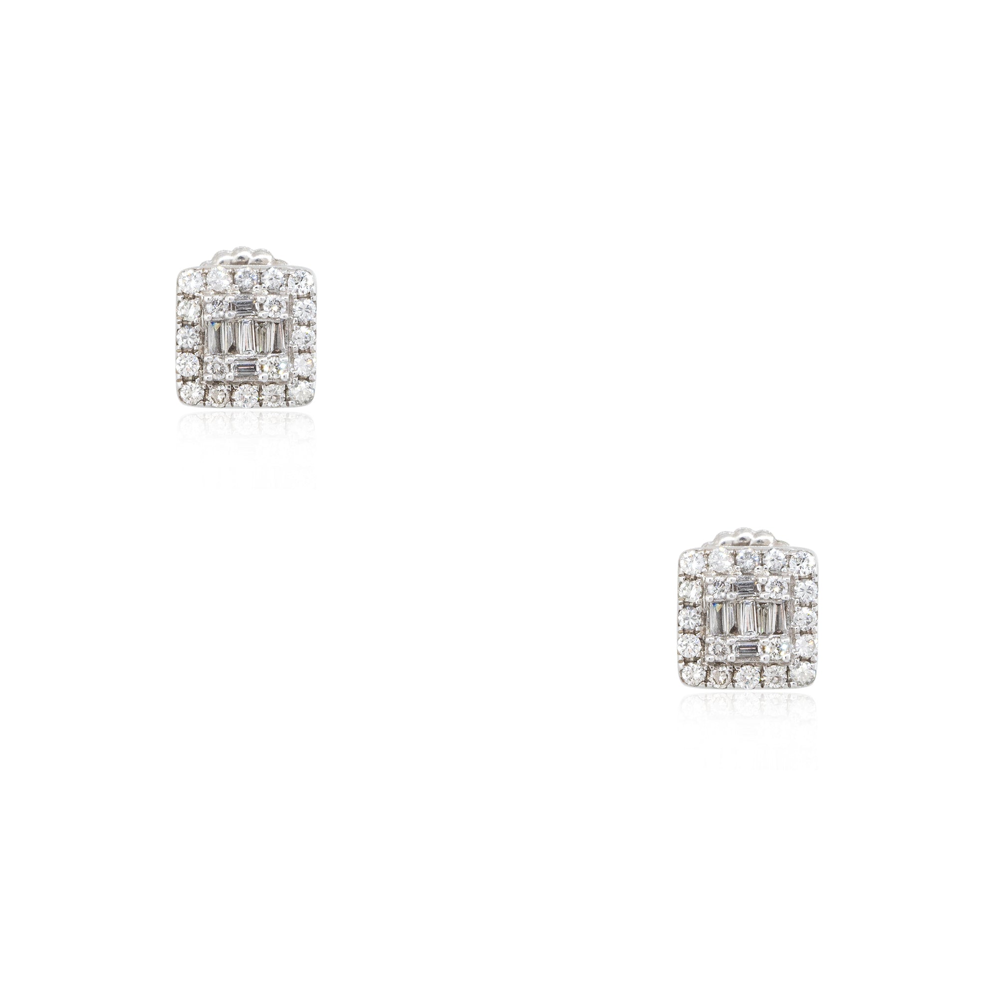 14k White Gold 0.74ctw Round Brilliant & Baguette Cut Diamond Mosaic Square Earrings