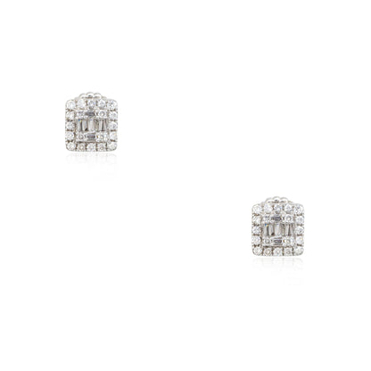 14k White Gold 0.74ctw Round Brilliant & Baguette Cut Diamond Mosaic Square Earrings