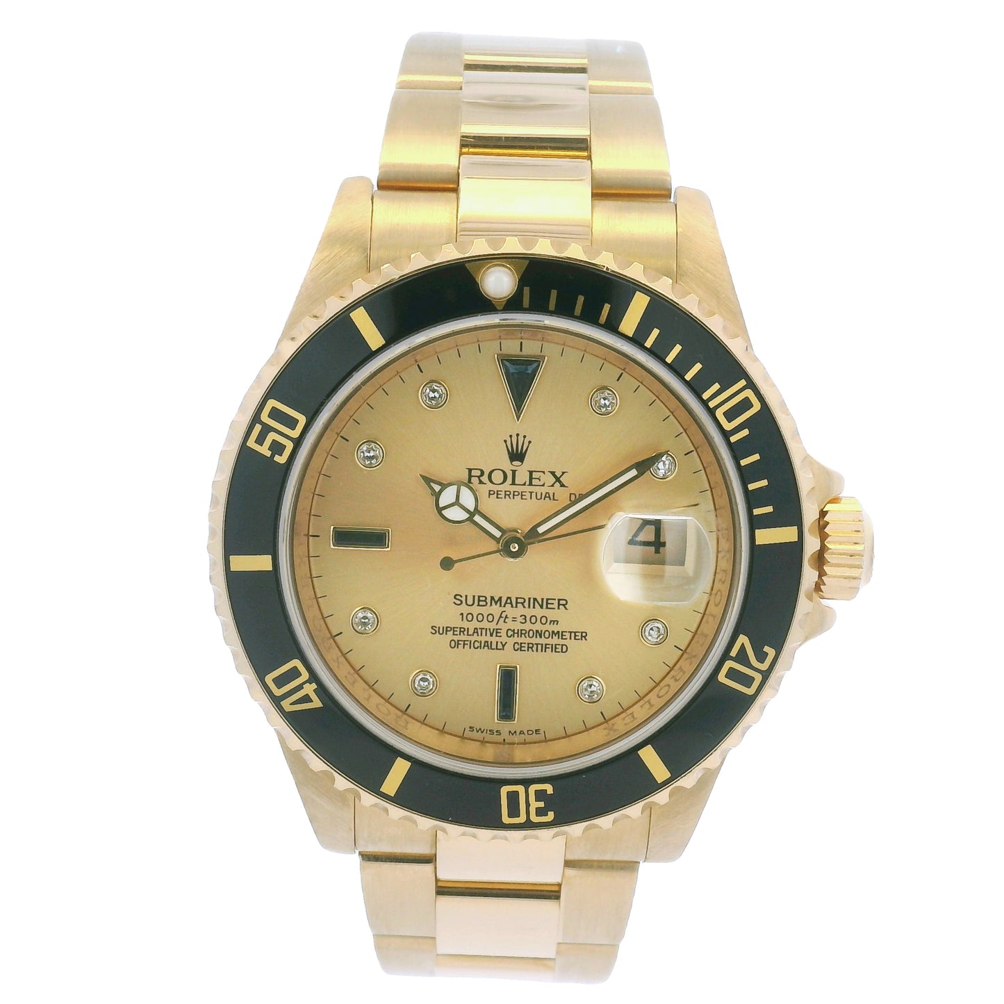 Rolex 16618 Submariner 18k Yellow Gold Serti Sapphire & Diamond Dial Watch