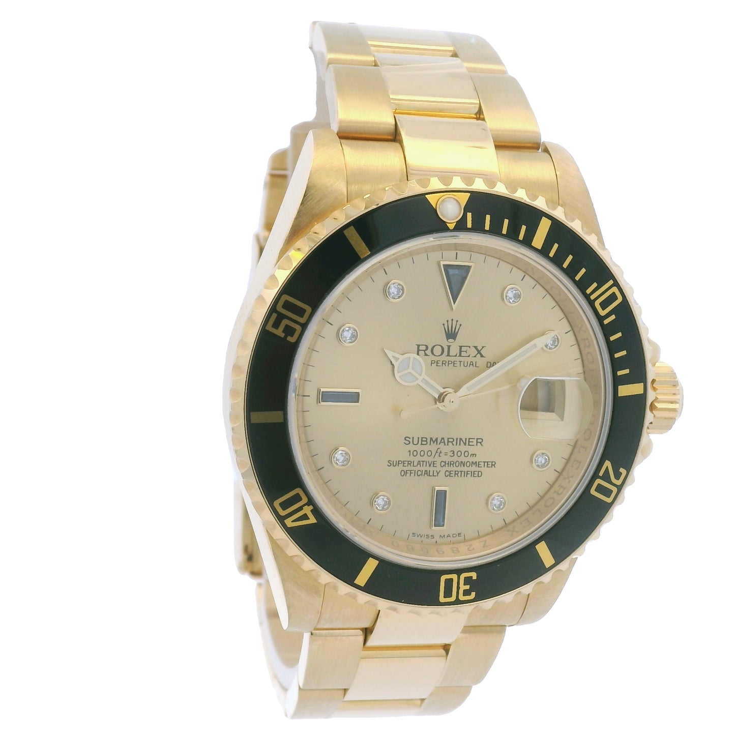 Rolex 16618 Submariner 18k Yellow Gold Serti Sapphire & Diamond Dial Watch