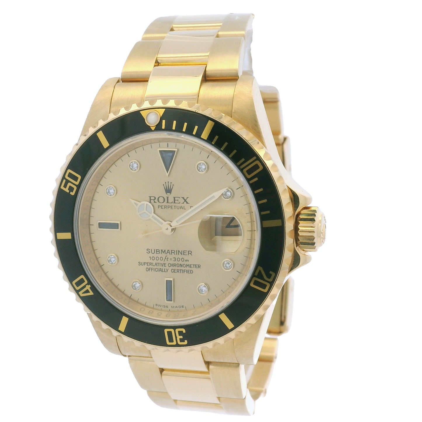 Rolex 16618 Submariner 18k Yellow Gold Serti Sapphire & Diamond Dial Watch