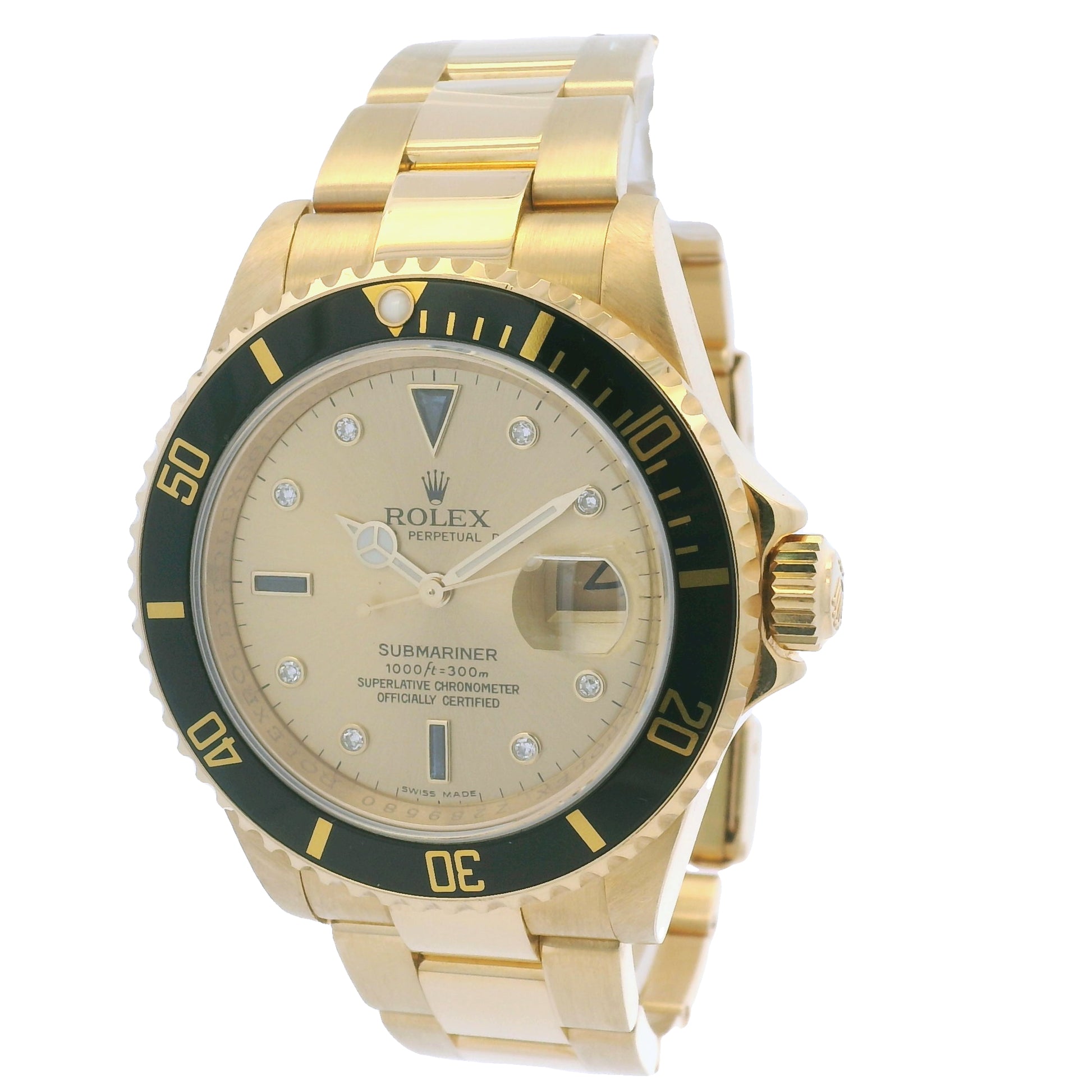 Rolex 16618 Submariner 18k Yellow Gold Serti Sapphire & Diamond Dial Watch