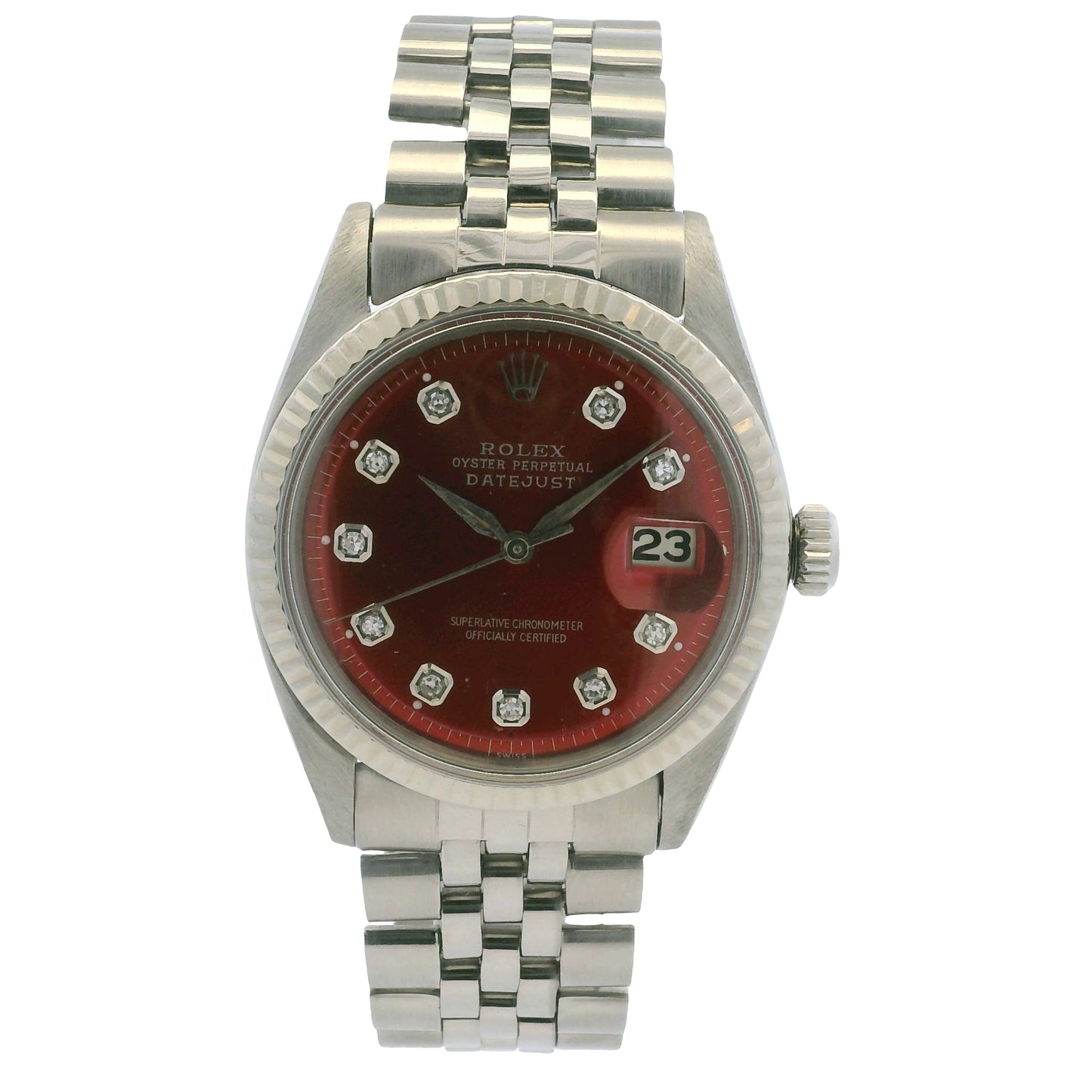 Rolex 1601 Datejust Stainless Steel Red Diamond Dial 36mm Watch