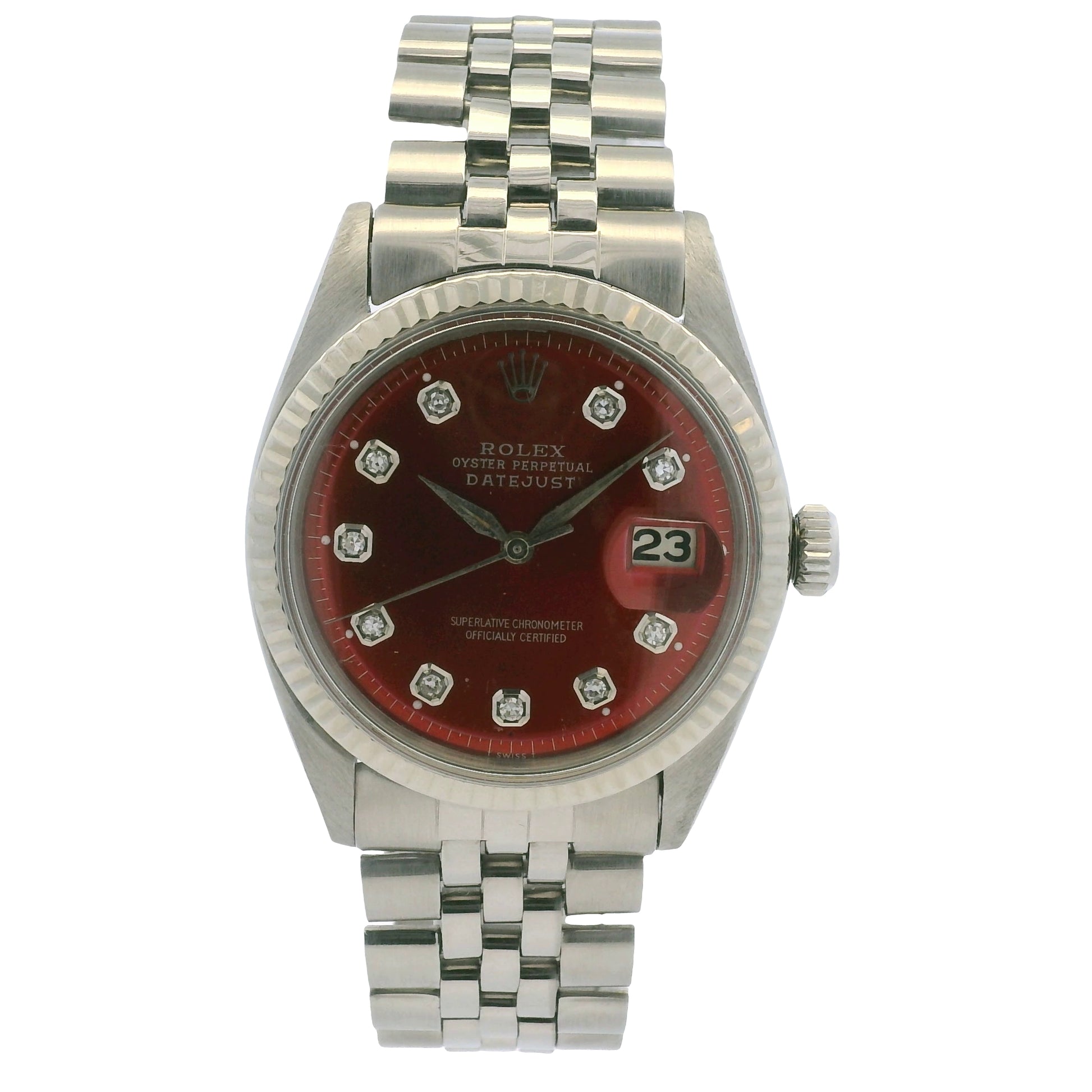 Rolex 1601 Datejust Stainless Steel Red Diamond Dial 36mm Watch