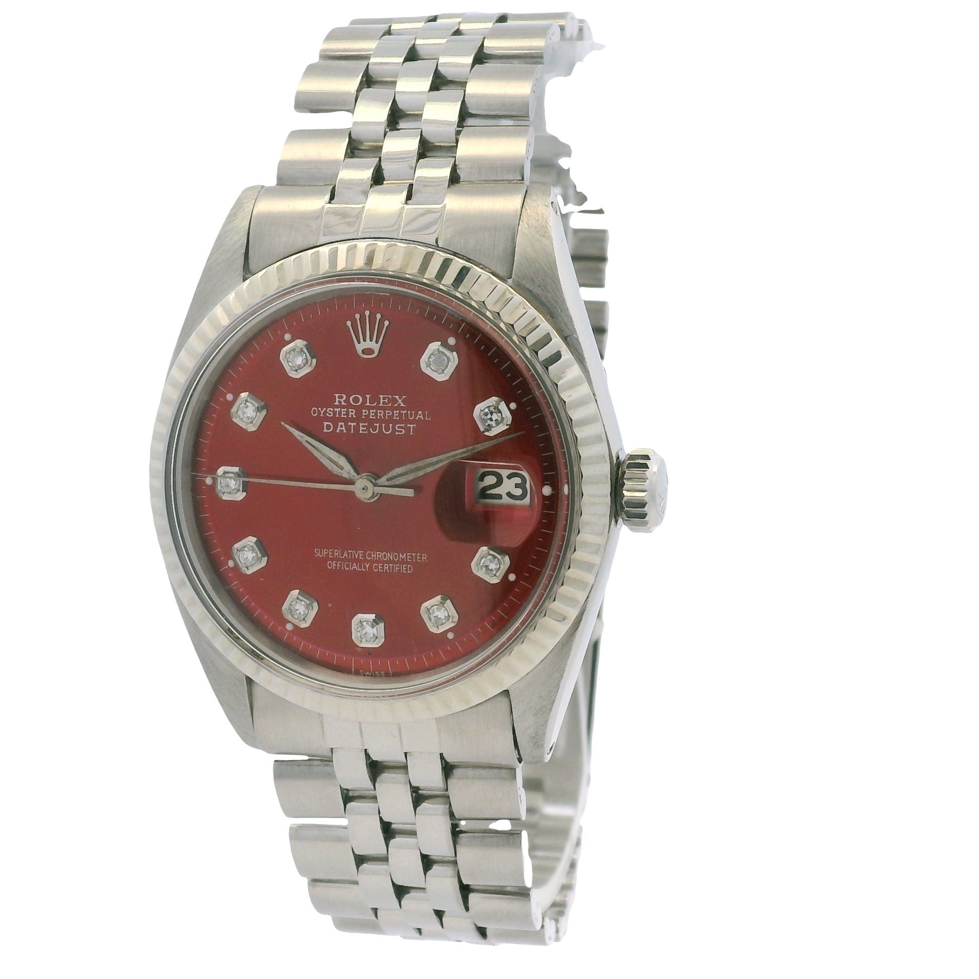 Rolex 1601 Datejust Stainless Steel Red Diamond Dial 36mm Watch