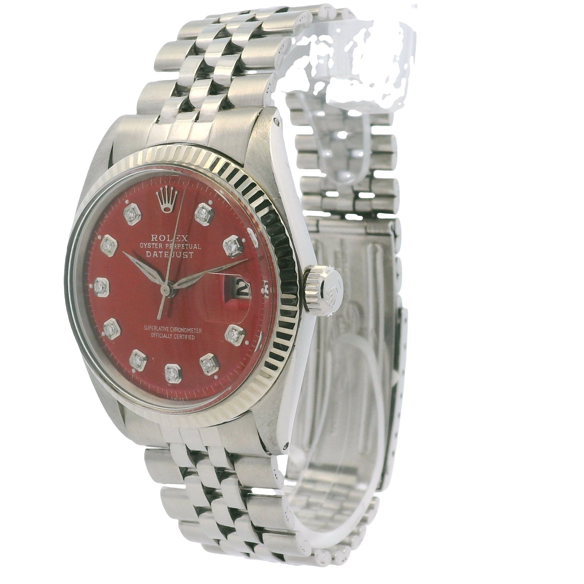 Rolex 1601 Datejust Stainless Steel Red Diamond Dial 36mm Watch