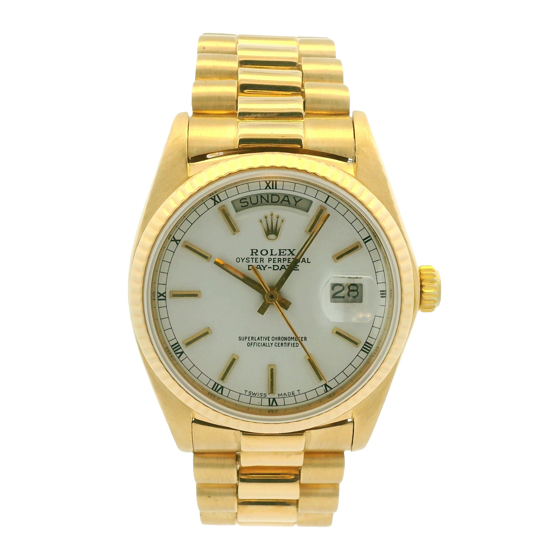 Rolex 18038 Day-Date 18k Yellow Gold Presidential White Dial 36mm Watch
