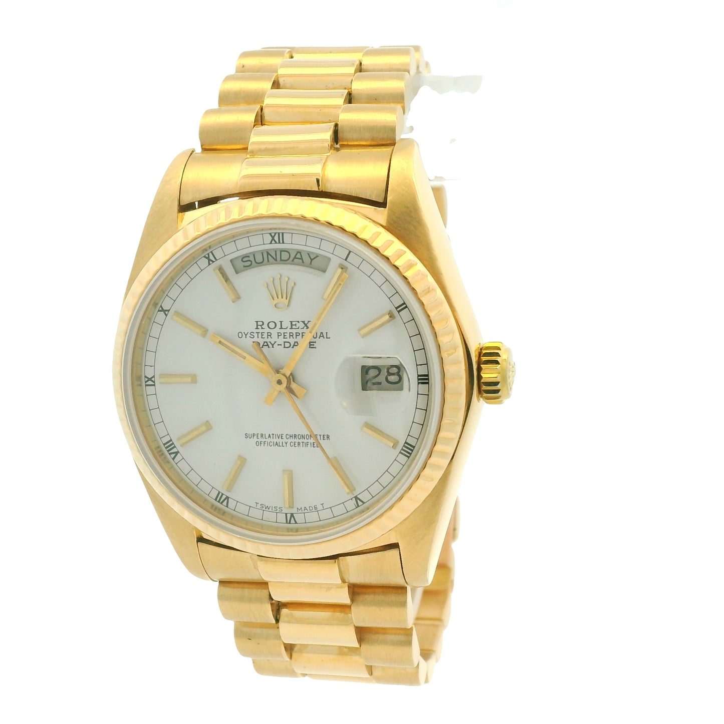 Rolex 18038 Day-Date 18k Yellow Gold Presidential White Dial 36mm Watch